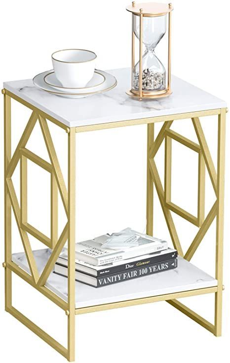 2-Tier Gold Square Side Table Gold Geometric Diamond Shape