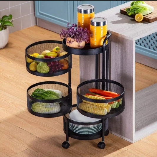 Kitchen Storage Shelf Rotatable 4.Layer Fruit & Vegetable Rack With Wheels Moveable Trolly