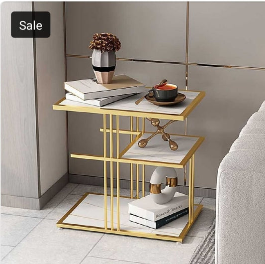 3-Tier Side Table, Square End Table with Shelves,Metal Frame With Gold Finish