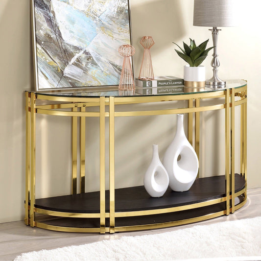 Wide Gold Metal Half-Moon Console Table Gold Painted Finish With UV Sheet Top