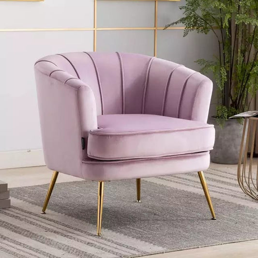 Modern Velvet Barrel Chair Accent Armchair with Golden Legs for Living Room Bedroom Home Office, Channel Tufted Back Club Chair, Pink