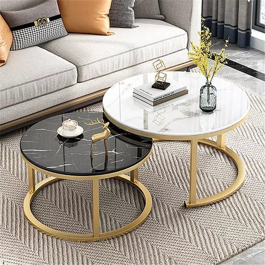 Lwieui Side Table Nesting Coffee Table Set Of 2 Metal Side Table Marble Patern Mdf Top