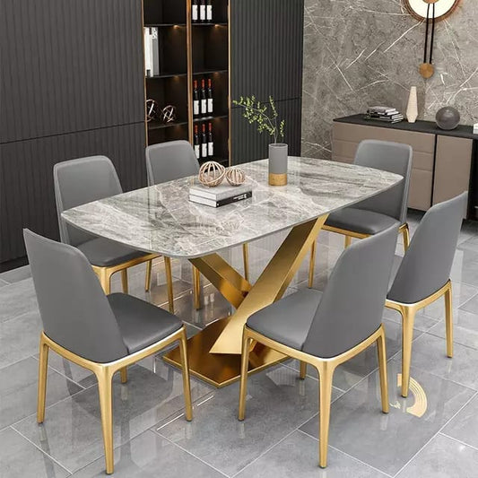 Montary ,7-Piece Dining Table Set  UV Sheet Table Top & Golden Paint Legs