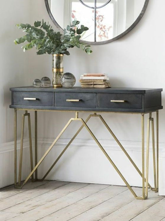 Luxury Style Console Table with Iron Frame Black Top & Golden Frame Finish